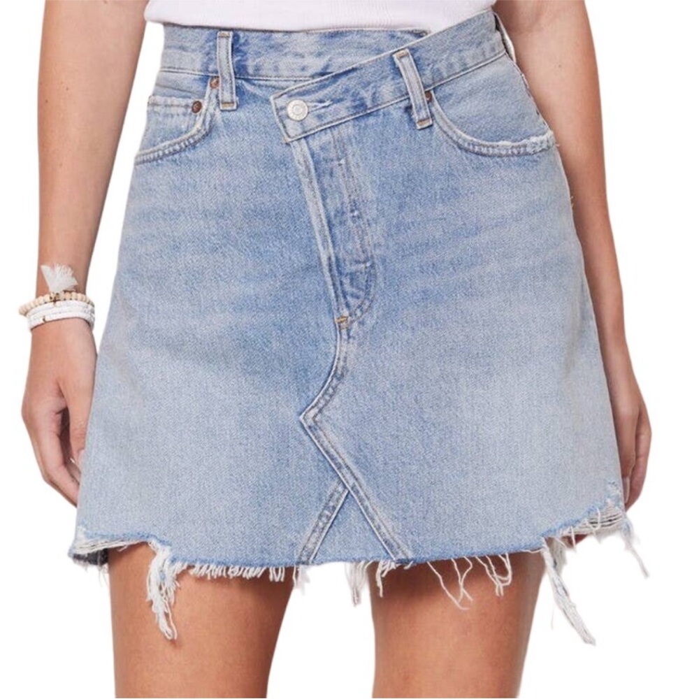 Agolde Light Wash Asymmetrical Denim Mini Skirt